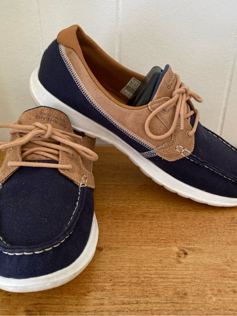 Skechers Navy and Tan Canvas Lace-Up Boat Shoes